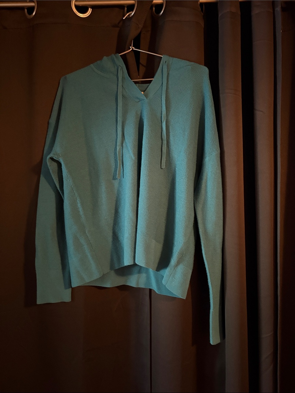 Women's Teal V-Neck Hooded Knit Pullover Sweatshirt
